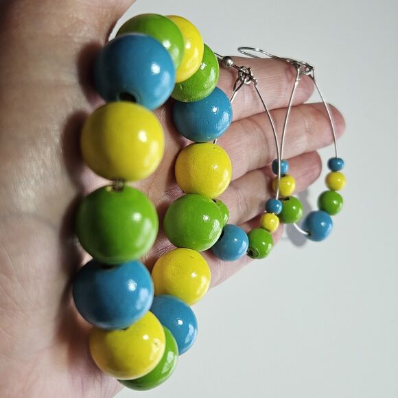Yellow, Blue Green Silver Tone Matching Wood Beaded Earrings Bracelet Set 7.25" - Picture 5 of 16